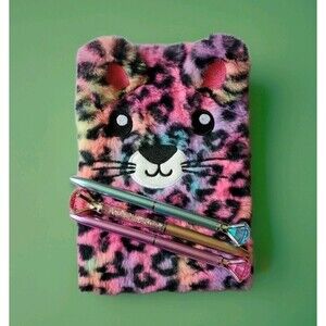 Journal & Pens Gift Set: 1 Plush Leopard Cat Face & Ears Diary + 3 Jewel Pens